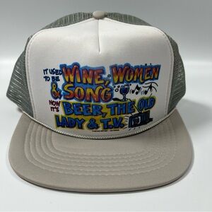 VTG Nova‎ Trucker Hat Snapback White Gray Mesh 1988 Wine Women Song Print